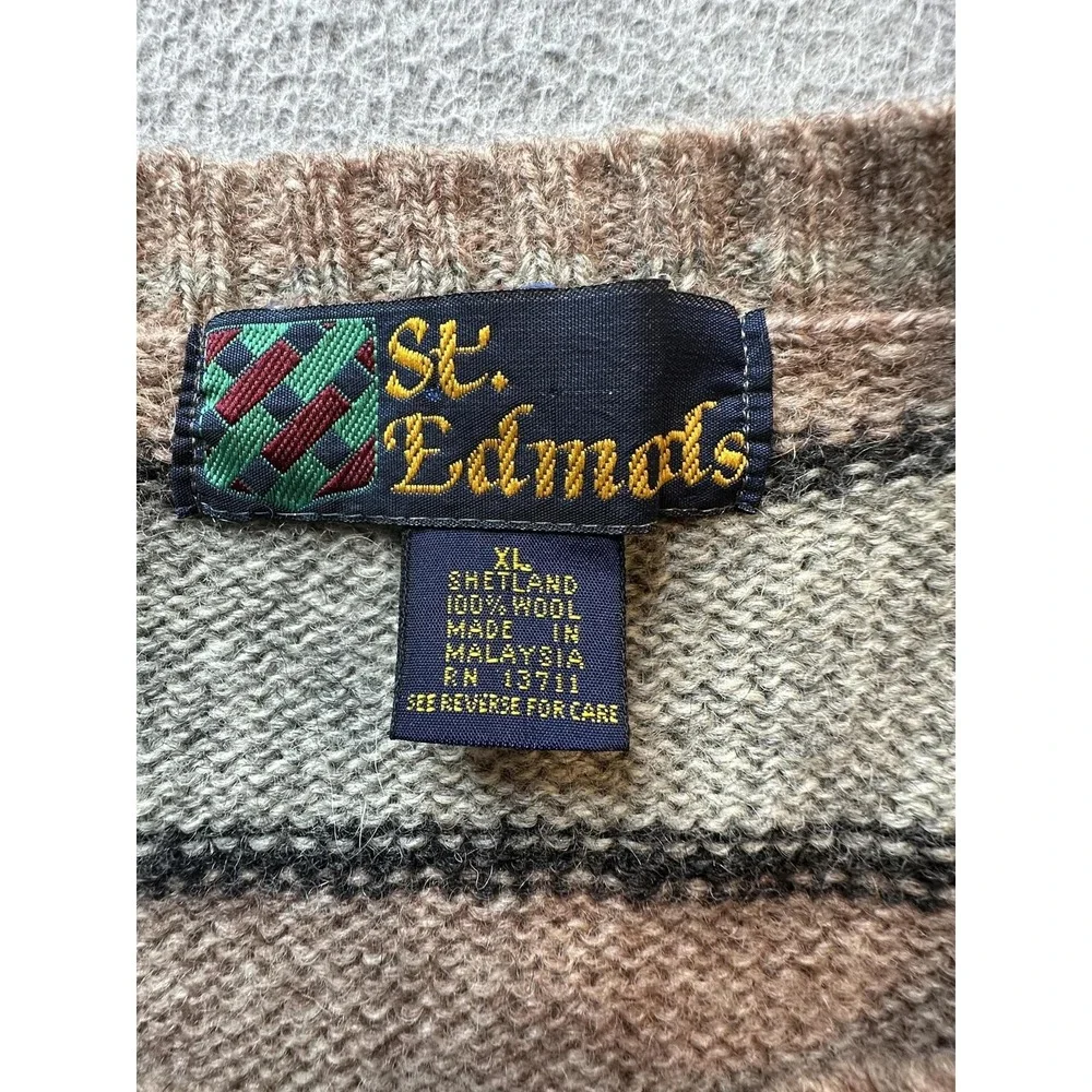 Vintage St. Edmonds Sweater Mens XL Shetland Wool Striped Geometric Tan Grey